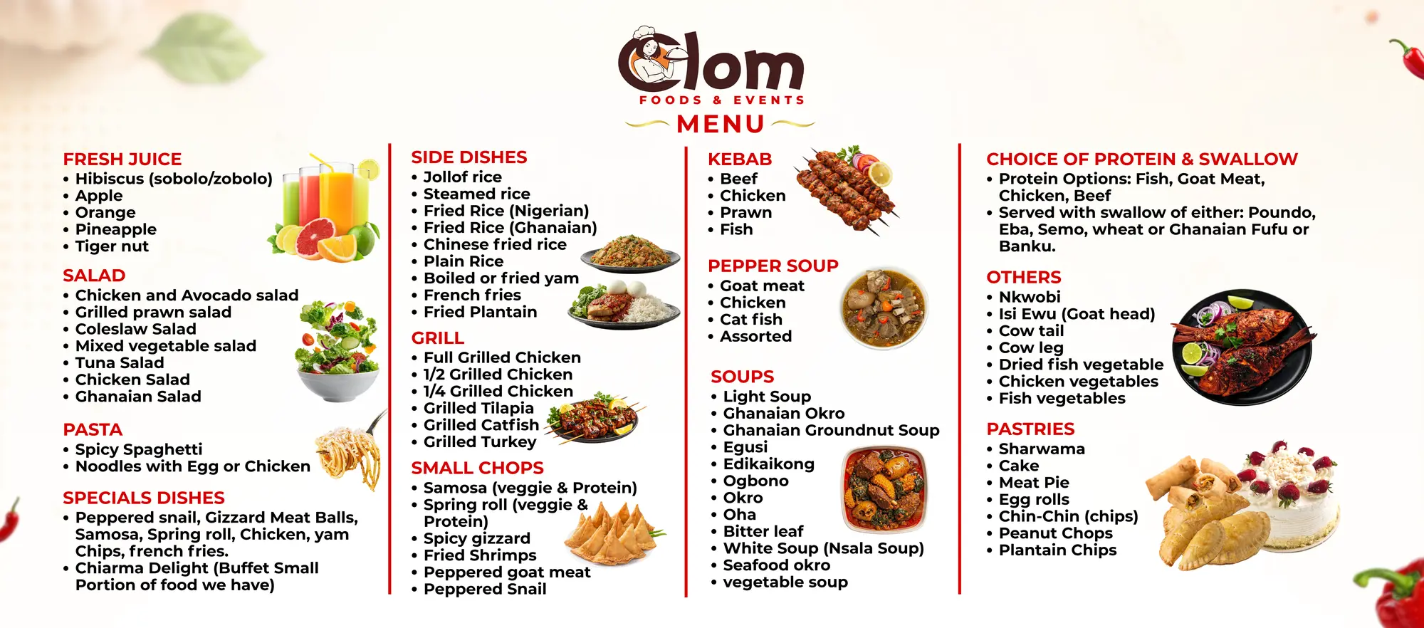 Example of brochure design: Clom Foods & Events Menu