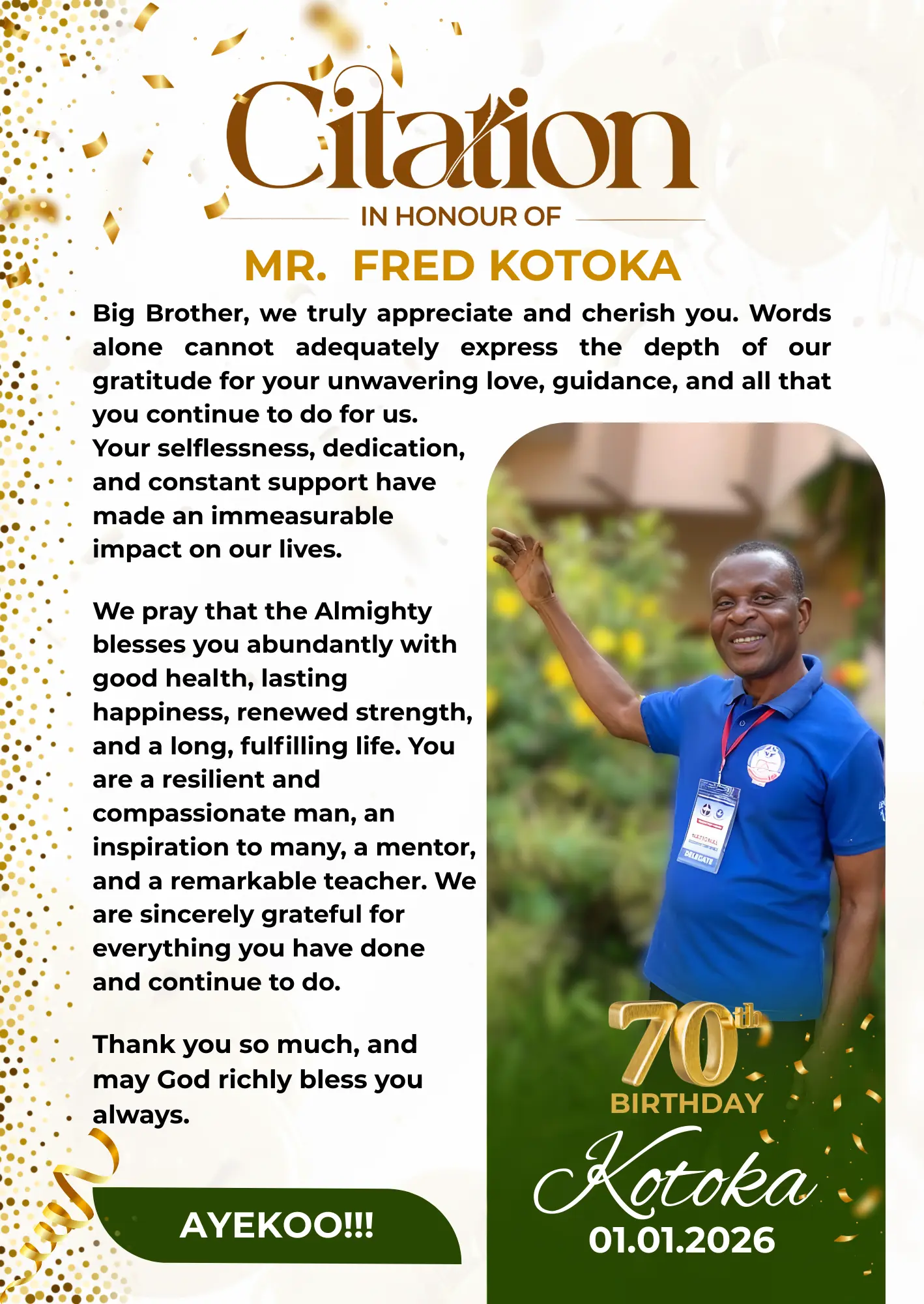 Citation in Honour of Mr. Fred Kotoka — Citation design for Fred Kotoka
