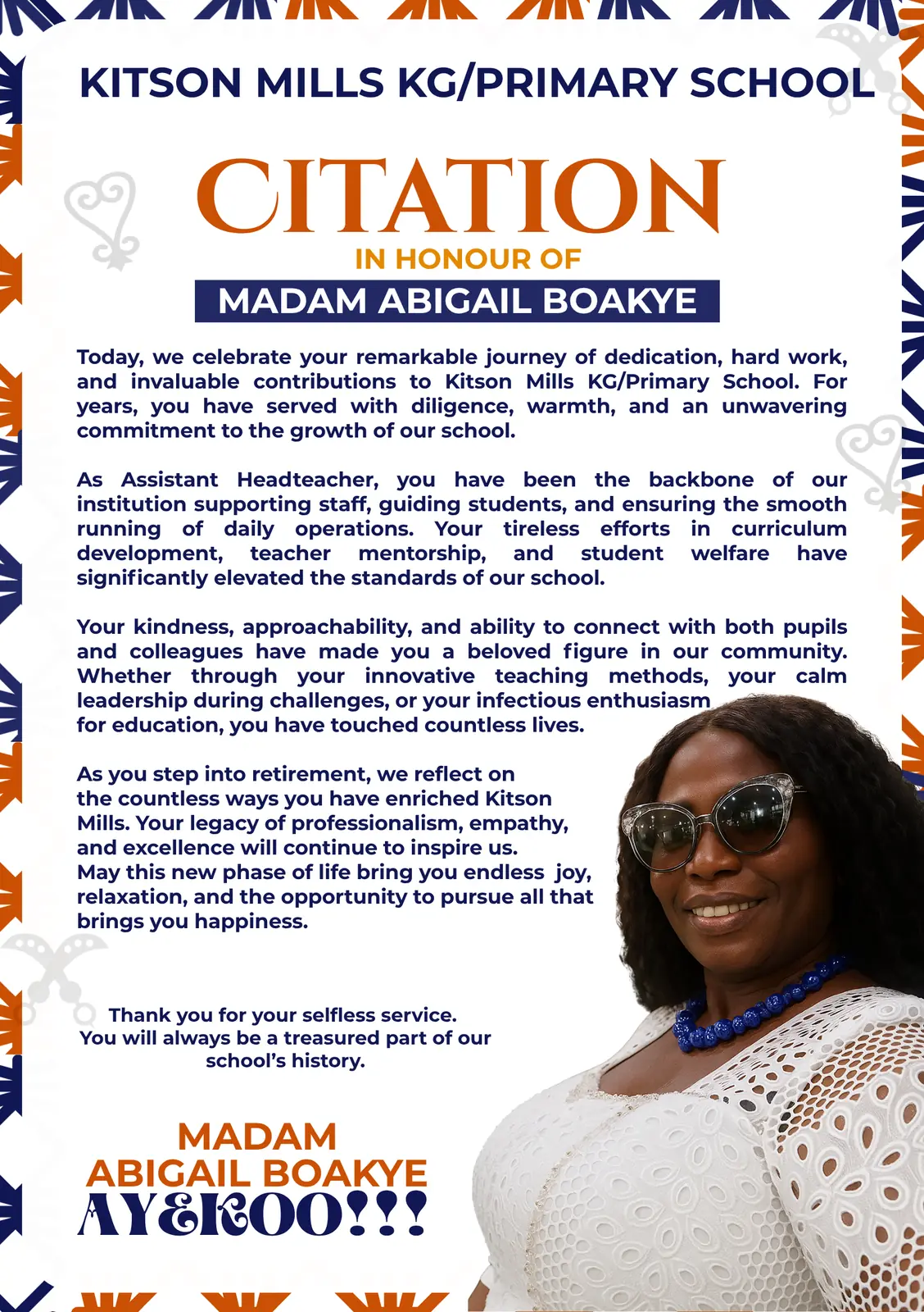 Madam Abigail Boakye Citation — Citation design for Kitson Mills KG/Primary School